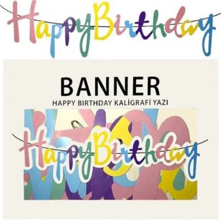 BANNER EL YAZILI HAPPY BİRTHDAY MAKARON RENKLİ UZAR YAZI