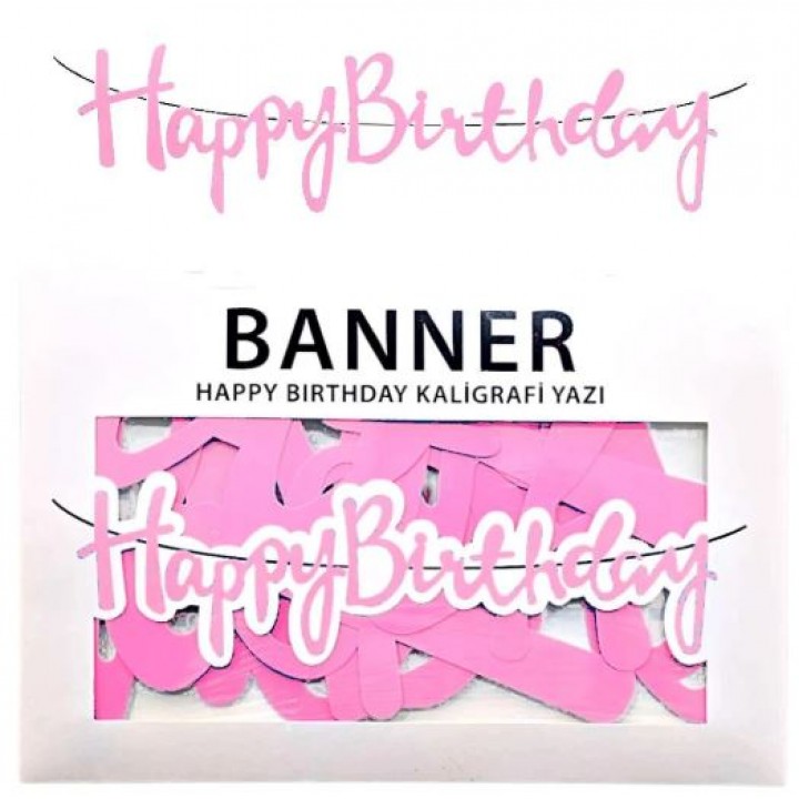 BANNER EL YAZILI HAPPY BİRTHDAY PEMBE UZAR YAZI